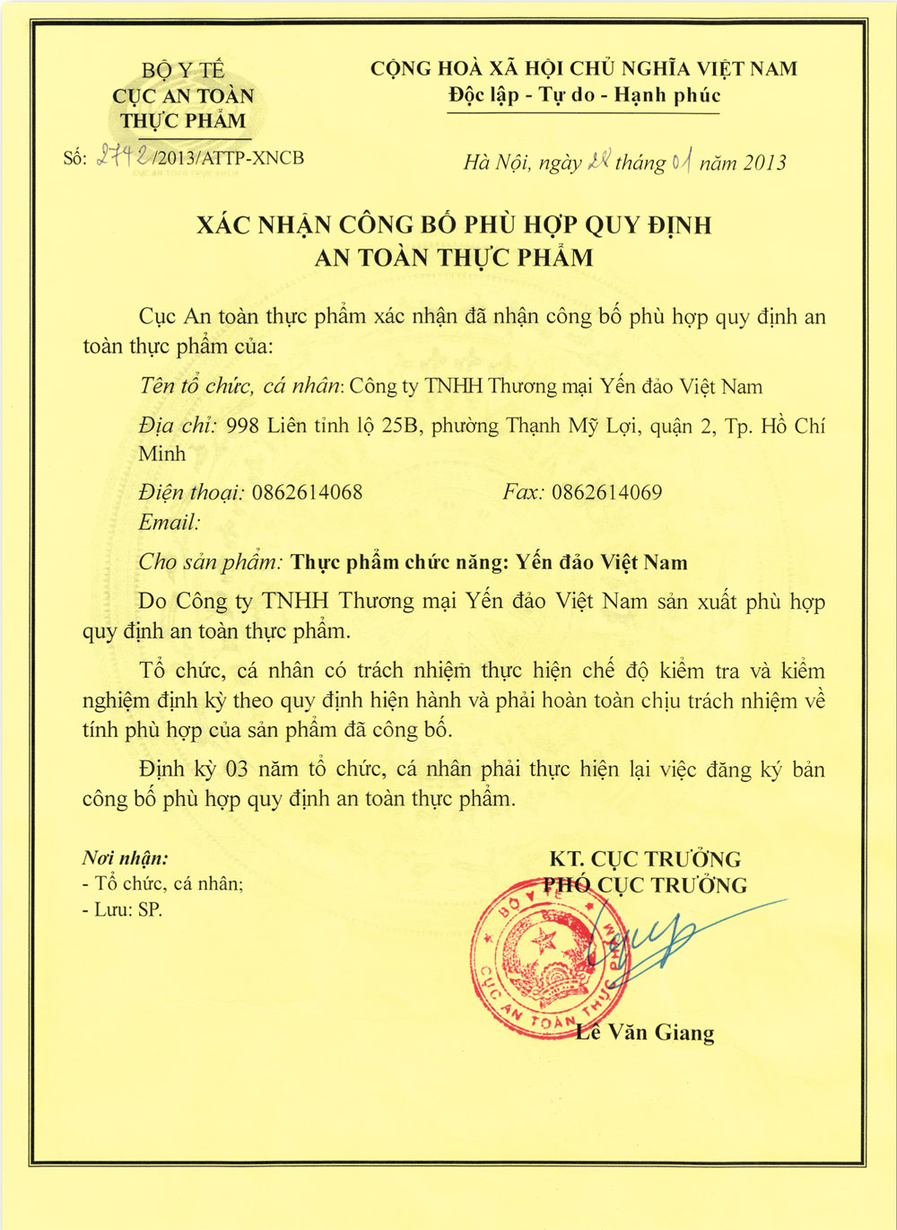 Xác Nhận An Toàn Thực Phẩm năm 2013