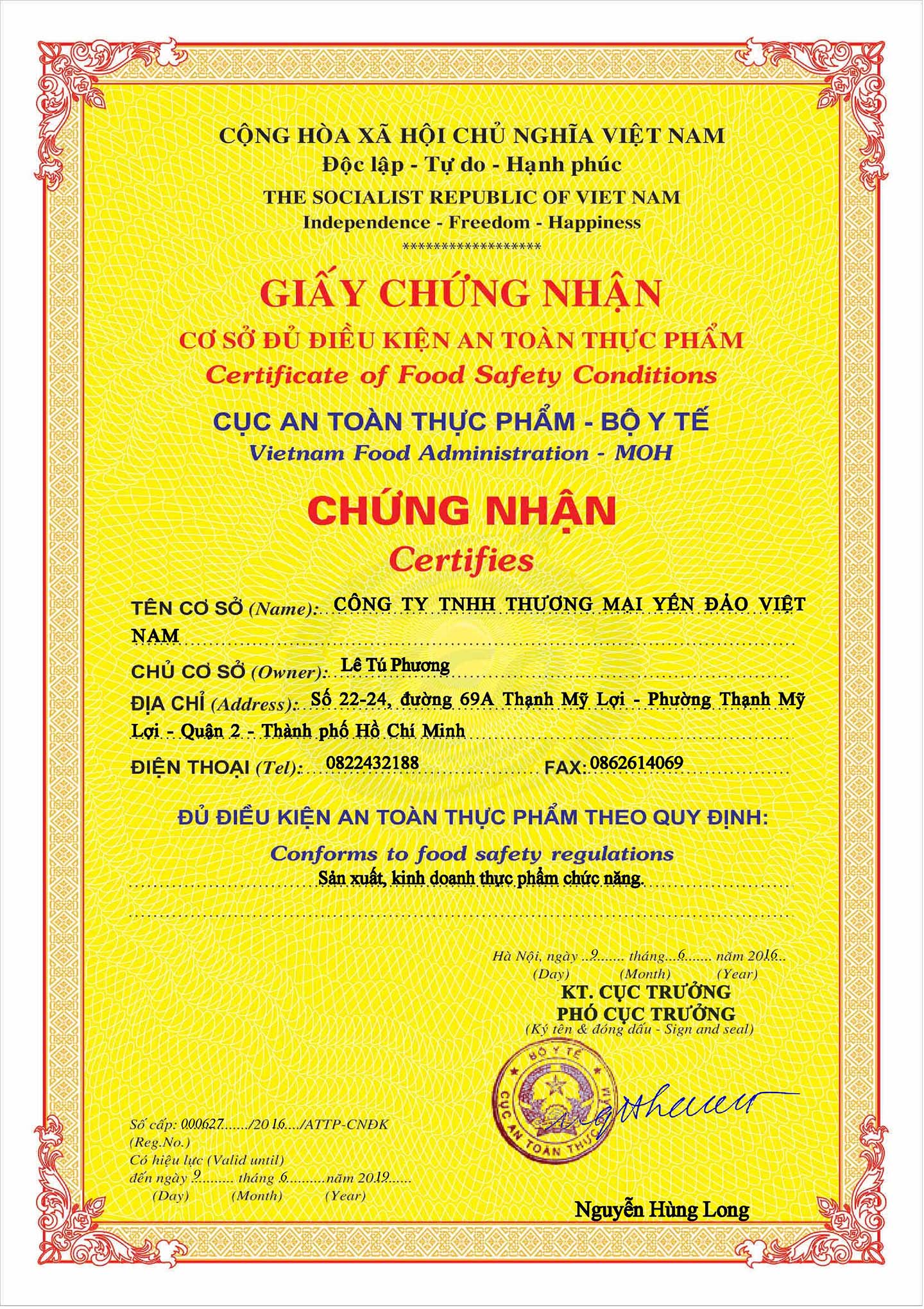 Chứng nhận An Toàn Thực Phẩm năm 2016