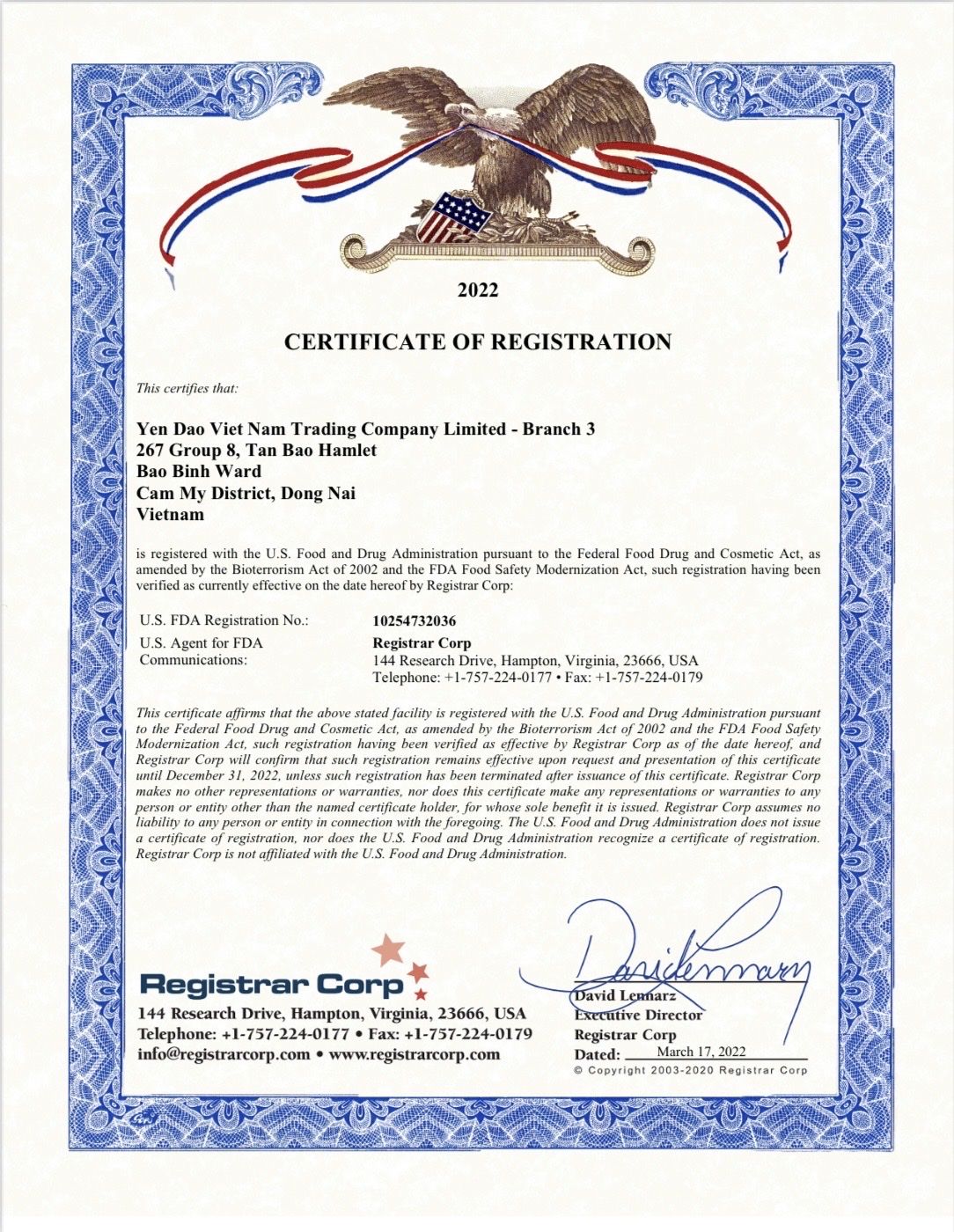 U.S.FDA Registration N0: 10254732036